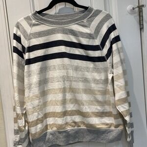 Old Navy M Women's Lightweight Fleece Pullover White Gray Blue Stripes     667‎